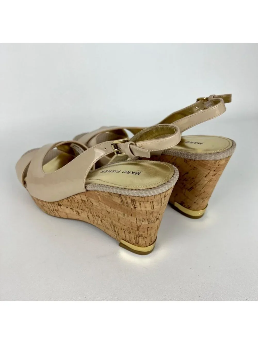 Marc Fisher Womens Wasin II Nude Tan Wedge Sandal Cork Platform Peep Toe size 9